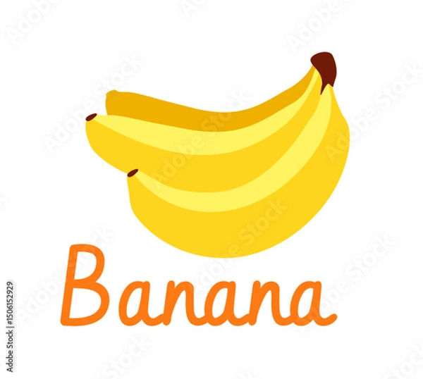 Fototapeta Bright yellow banana bunch with stylized shapes and bold outlines on a plain white background, concept of tropical fruit and healthy food. Vector illustration