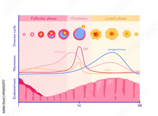 Fototapeta Diagram showing ovarian cycle phases with hormone levels, ovulation process, and endometrial changes, in flat style on white background. Concept of fertility. Vector illustration