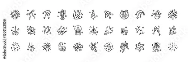 Fototapeta Set of winter Christmas festive cute line doodle icons. Outline New Year hand drawn clipart. Vector illustration. Fir tree, holiday party, gift box with tied ribbon bow, xmas wreath, advent calendar