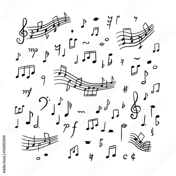 Fototapeta Hand drawn cute line doodle music notes and signs set. Crayon scribble background. Handwriting sketch vector illustration. Melody sound symbols. Whimsical chalk childish pattern