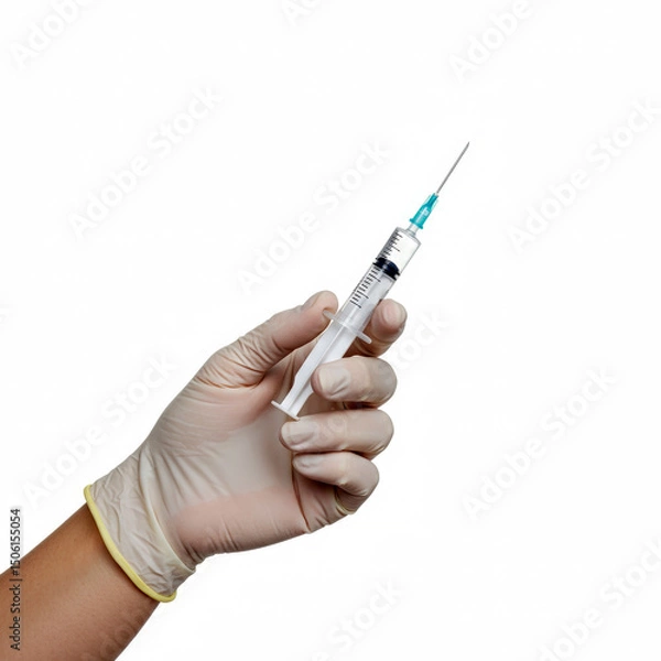 Fototapeta Hand holding syringe isolated on white background