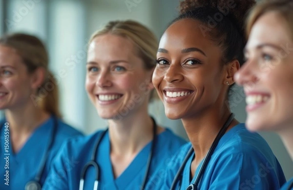 Fototapeta Group of smiling healthcare workers. Happy medical team in scrubs with stethoscopes looking at camera. Diverse women celebrate success. Teamwork appreciation, motivation, recognition.