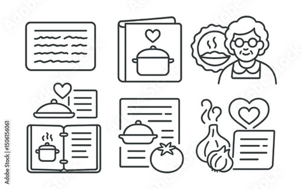 Fototapeta Line style icons of family memory archive: recipe card with handwriting, family cookbook icon, passed-down dish badge, grandma’s kitchen symbol, recipe binder, food and story icon, ingredients with