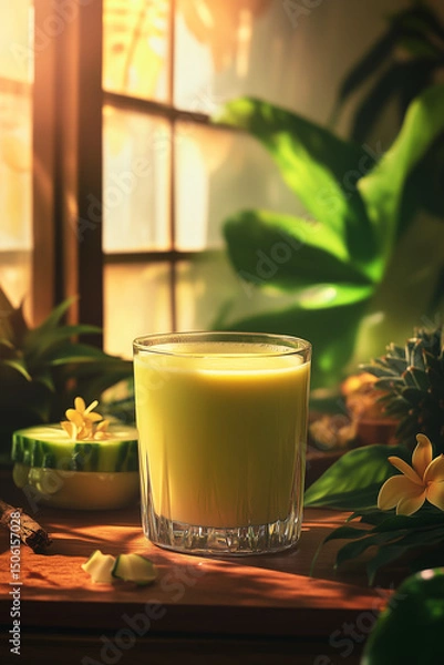 Fototapeta A vibrant green-yellow smoothie made from pineapple and cucumber, served in a clear glass with a smooth