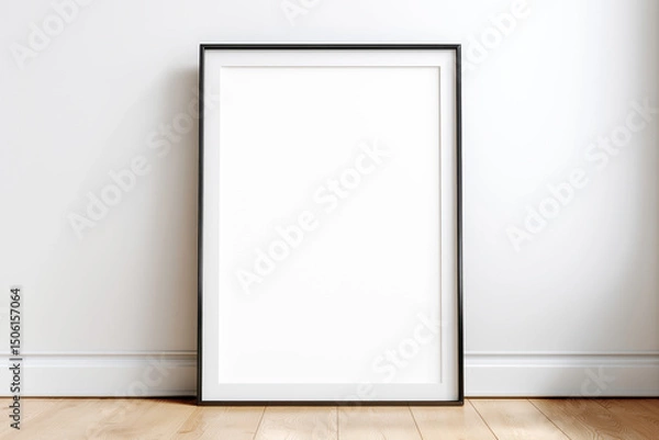 Obraz A black poster frame mock-up on a wooden floor against a white wall