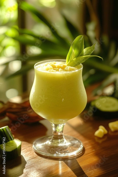 Fototapeta A vibrant green-yellow smoothie made from pineapple and cucumber, served in a clear glass with a smooth