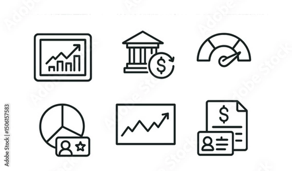 Fototapeta Line style icons of personal finance: investment portfolio screen, stocks and funds icon, risk tolerance meter, diversification pie chart, watchlist card badge, performance line chart, earnings