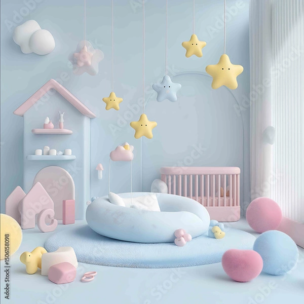 Obraz 3D render of a cozy cartoonstyle baby nursery in soft pastel blue and pink tones ultra HD hyperrealistic Pixarinspired kawaii aesthetic Centered symmetricall