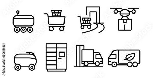 Fototapeta Line style icons of future urban transport: autonomous delivery robot, mobile goods cart, sidewalk logistics icon, rolling drone box, last-mile bot, smart parcel locker, delivery dock symbol,