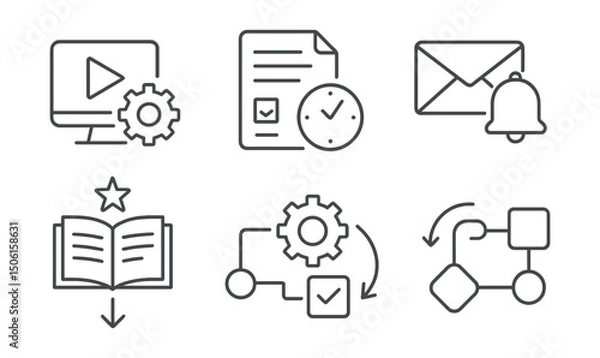 Fototapeta Line style icons of online education: lesson automation icon, auto-release module, timed quiz start, email reminder for course, triggered event icon, logic for learning path, set and forget system,