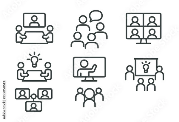 Fototapeta Line style icons of online education: online meeting table, class discussion icon, video chat group, team project meetup, virtual circle time, instructor talk screen, shared idea board, breakout room