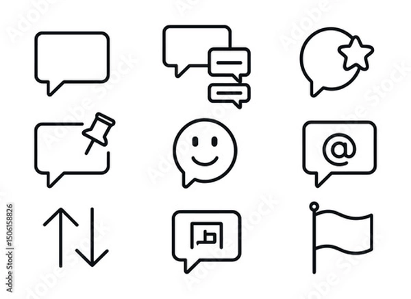 Fototapeta Line style icons of social media and communication: comment icon, threaded reply view, highlight comment badge, pinned conversation icon, comment bubble with emoji, user tag inside reply,