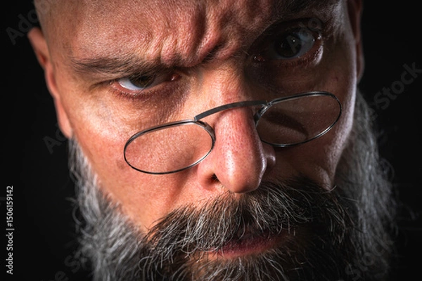 Obraz Funny close-up portrait of a quirky bald man with a long gray beard and eyeglasses, making a silly face. Concept of eccentricity, humor, and expressive personality.