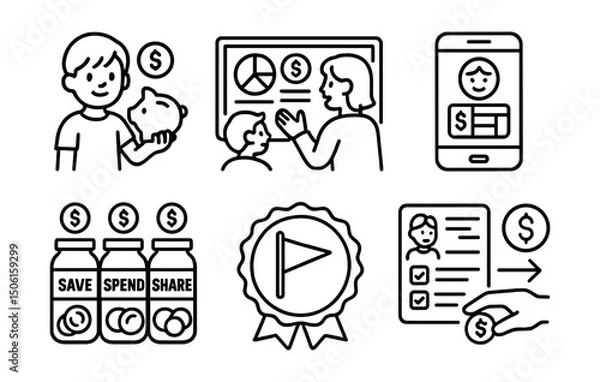 Fototapeta Line style icons of personal finance: child budgeting icon, parent-child finance dashboard, allowance tracker screen, save/spend/share jars, kids’ goal badge, family finance learning panel,