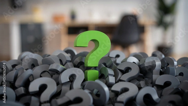 Fototapeta A close-up photograph of multiple gray question marks scattered across the frame, with a single bright neon green question mark standing out prominently in the center.