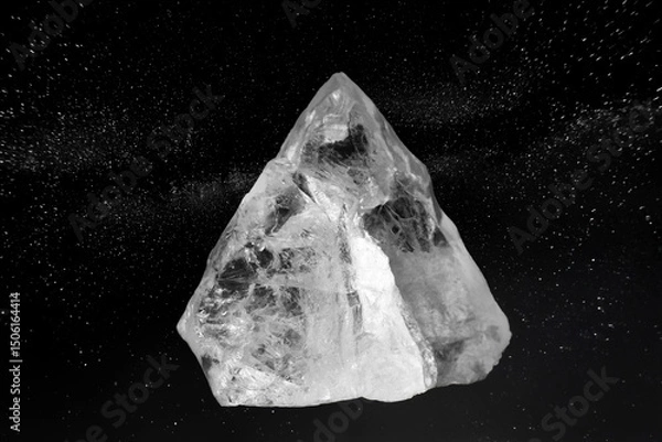 Fototapeta Photo of genuine uncut raw clear crystal, creative collage on a black sparkling background with stars.