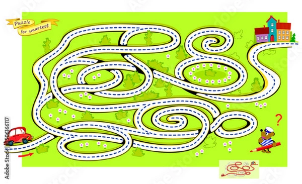 Fototapeta Best labyrinths. Can you help the car find its way home? Logic puzzle game for children and adults. Brain teaser book with maze. Educational page. Kids activity sheet. Flat vector illustration.