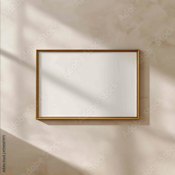 Obraz realistic mockup of an empty 32 horizontal picture frame hanging on a light beige wall frame is in landscape orientation thin vintage brass or antique gold m