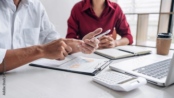 Obraz Teamwork of business casual colleagues, consultation new strategy plan business and market growth on financial document graph report, conference to making growth profit, Partner meetings and briefing