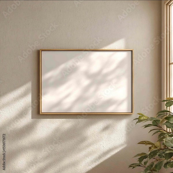 Obraz realistic mockup of an empty 32 horizontal picture frame hanging on a light beige wall frame is in landscape orientation thin vintage brass or antique gold m