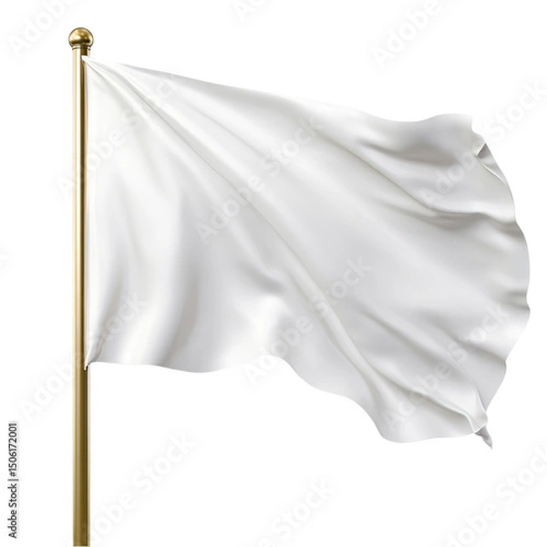 Fototapeta A White Flag on a Golden Pole billowing in the wind isolated on transparent background
