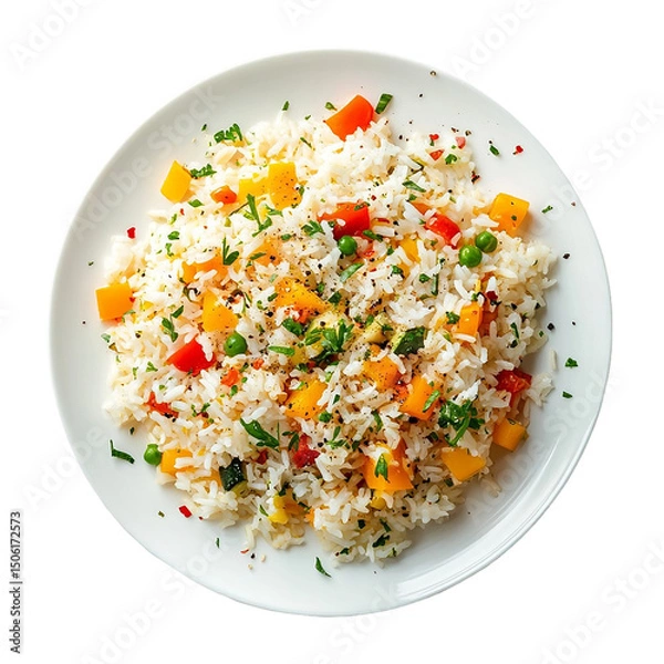 Fototapeta Overhead View of Vegetable Rice on a Plate isolated on transparent background