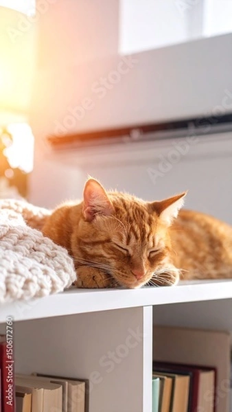 Fototapeta Tabby Orange Cat sleeping near air conditioner,resting in sunlight,relaxing-sleep on bookshelves with a light leak background,peaceful cat indoor lifestyle,feline comfort in modern home,pet mood 3