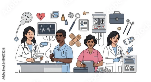 Obraz Diverse medical professionals working together in a modern healthcare setting