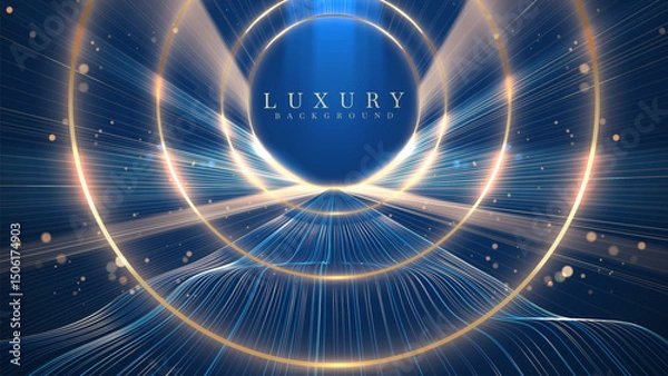 Fototapeta Luxury background with golden circle frame and blue neon light waves decorated with glittering bokeh effect. Backdrop design for promotion of premium products or award ceremony.