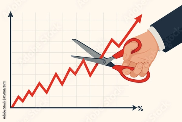 Fototapeta Business hand with scissors cutting rising red growth arrow on financial market chart grid background representing economic intervention vector illustration