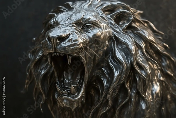 Fototapeta Metallic lion head roaring fiercely, showcasing power and majesty