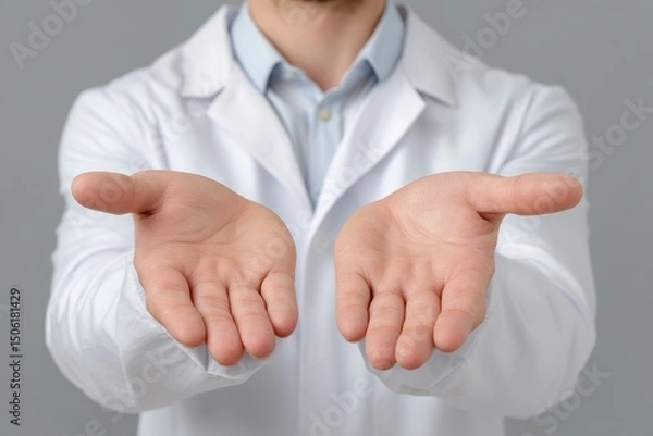 Fototapeta A person in a white coat extends both open hands palms up against a solid gray background