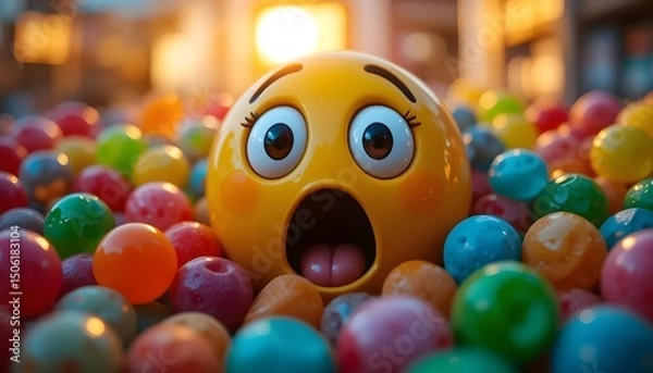 Fototapeta Surprised yellow emoji face surrounded by colorful gumballs displays cartoonish expression.