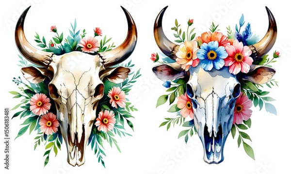 Fototapeta a white skull adorned with flowers isolated watercolor illustration