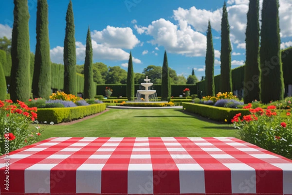 Fototapeta Perfect sunny day for a picnic in a blooming garden.