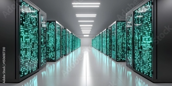 Fototapeta A modern data center featuring rows of high-performance servers with illuminated panels, showcasing advanced technology in a sleek, minimalist environment.