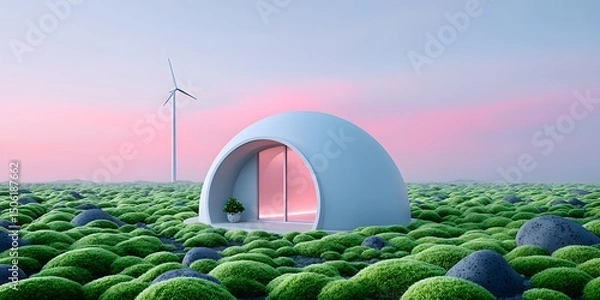 Fototapeta A modern pod-like structure nestled in lush green terrain, surrounded by spherical bushes and a wind turbine, showcasing sustainable living in harmony with nature.