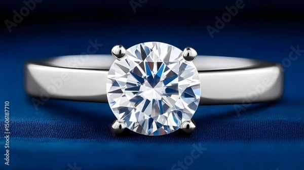 Fototapeta A close-up view of an elegant diamond engagement ring showcasing its brilliance and clarity, set against a deep blue background that enhances its shine and allure.