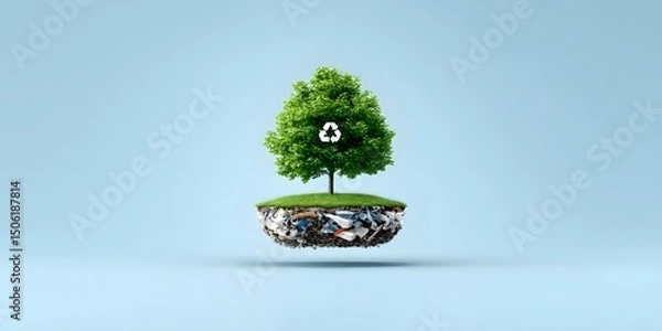 Fototapeta A vibrant green tree symbolizing sustainability, perched on a mound of debris, conveying the importance of recycling and environmental awareness in the modern world