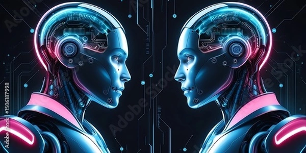 Fototapeta Futuristic humanoid robot with advanced artificial intelligence and cybernetic enhancements, featuring metallic design and digital interface in a high-tech sci-fi environment

