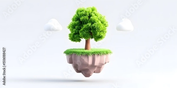 Fototapeta A vibrant green tree stands alone on a floating island, surrounded by soft clouds. This unique scene symbolizes nature, sustainability, and the beauty of our planet.