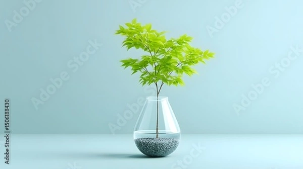Fototapeta A vibrant green plant displayed in a clear glass vase against a calming blue background, symbolizing growth, nature, and tranquility. Ideal for home decor and botanical themes.