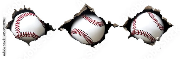 Fototapeta Three Baseballs Bursting Through A Cracked Wall