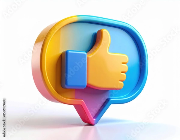 Fototapeta Vibrant thumbs up icon rendered in 3D, showcasing colorful design against clean white background, evokes sense of positivity and approval