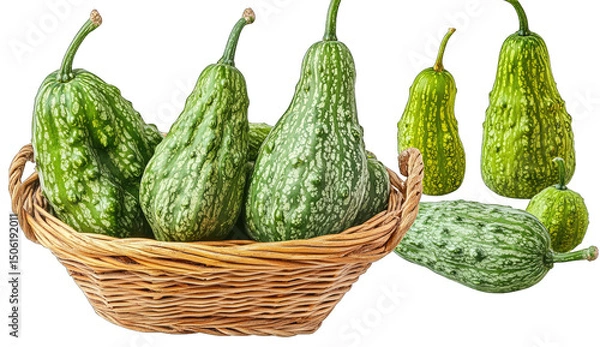 Fototapeta A Group Of Green And White Striped Gourds In A Wicker Basket With Four More Gourds Scattered Around The Basket On A Transparent Background