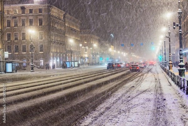 Obraz City street of the historical center at snowfall time.