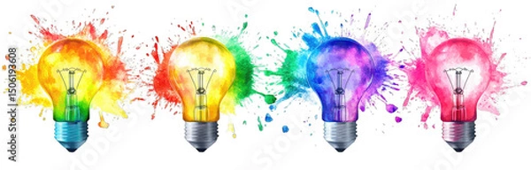 Fototapeta Five Lightbulbs With Colorful Watercolor Splatter Isolated On Transparent Background