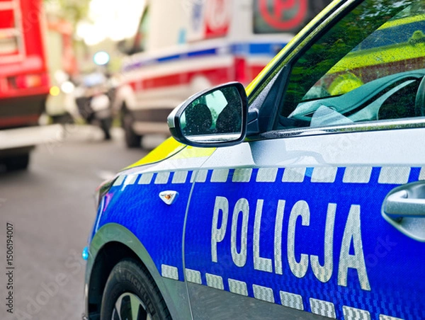 Obraz Radiowóz policji, ambulans zespołu ratownictwa medycznego pogotowia ratunkowego i wóz strażacki w trakcie działań ratunkowych