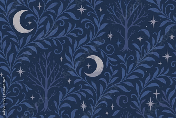 Fototapeta Decorative navy pattern featuring moon and trees with swirling foliage in a mystical forest setting