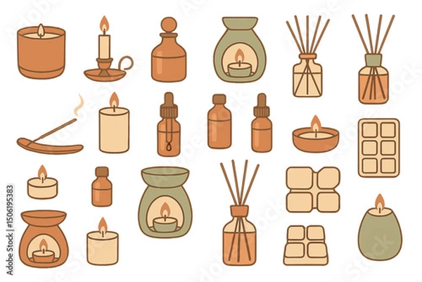 Fototapeta Collection of aromatic candles, diffusers, and incense displayed on a neutral background for a calming atmosphere
